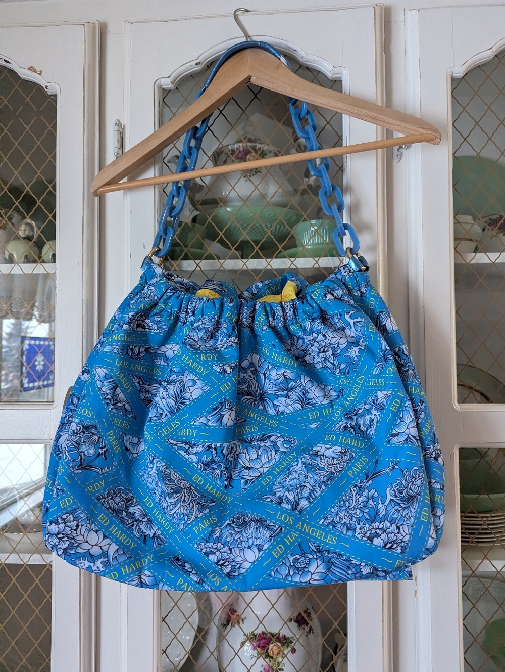 VTG Y2K Ed Hardy Bobbi Bondage Blue Yellow Floral Chain-Handle Shoulder Bag - Picture 11 of 13